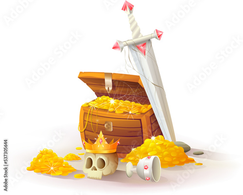 Chest with gold, pirate treasure chest with golden coins, scull crown and silver sword. Wealth and fortune icon, magic fairytale and adventure treasures. Vector isolated clipart illustration.