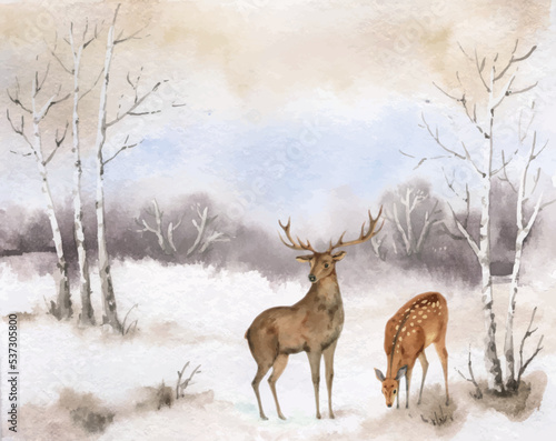 Watercolor vector postcard with deers in winter forest.