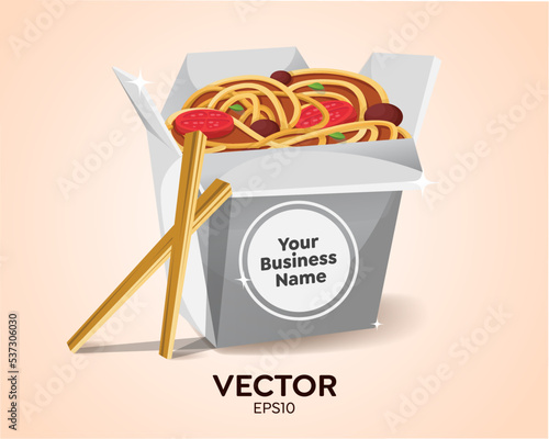 Spaghetti in box, noodles. Takeaway food doodle. Hand drawn vector illustration in flat style.