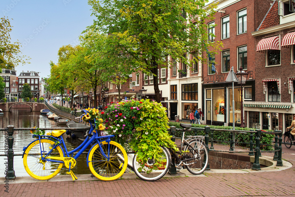 Shot of bicycle decorated in the colors of the Ukrainian flag in honor of solidarity of Ukrainians  in the Netherlands