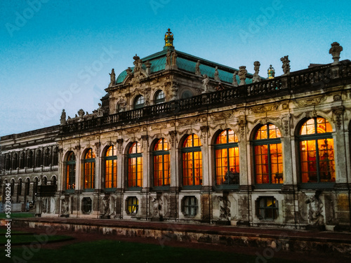 Zwinger bei Nacht. Beautiful night view of The Zwinger, a palatial complex with gardens in Dresden, Germany. Postcard for Christmas. photo