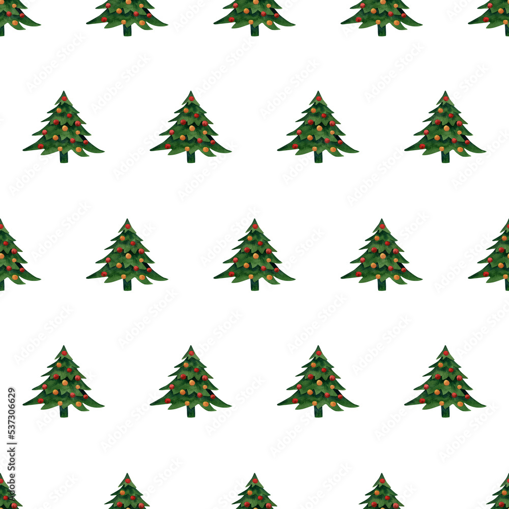 Seamless christmas trees pattern. Watercolor winter background with green trees with christmas decorations for textile, wallpaper, decor