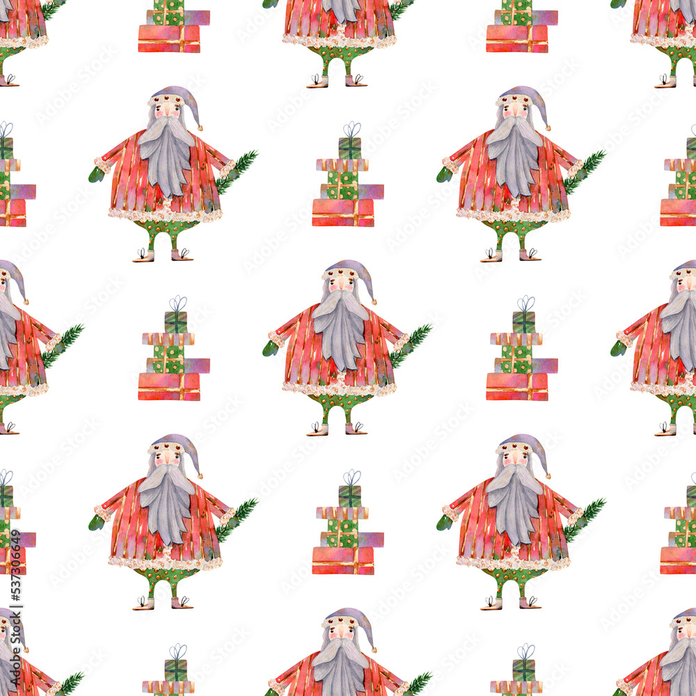 Seamless santa claus and presents pattern. Watercolor christmas background with santa claus, gift boxes for textile, wallpaper, decor