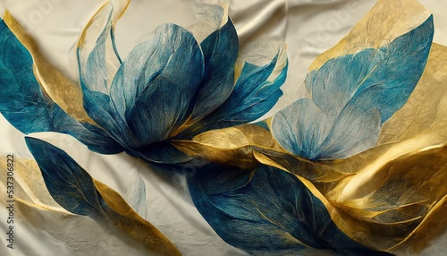 Raster illustration of beautiful blue flower arrangement with bracelet, leaves, bouquet. Fragrant colors in sea colors. Botanical garden, fine art, painting. Wreath of flowers. 3D artwork background