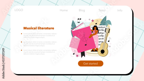 Music school or course web banner or landing page. Students learn