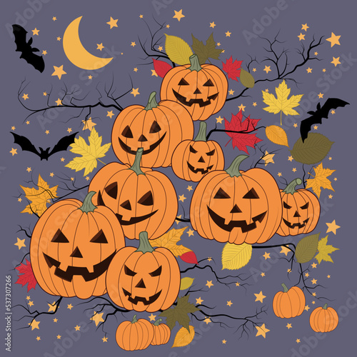 Many of Jack s lamps on a purple background with stars and leaves. Three silhouettes of bats and the moon. Branches peek out from under the pumpkins. Vector graphics