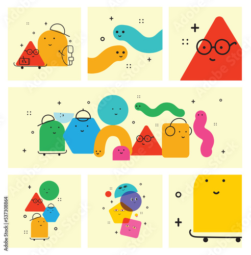Vector illustration of geometric character shapes with face emotions, cute colorful shape for children education.