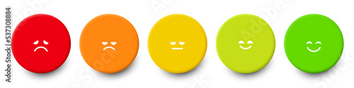 Rating scale or pain scale in the form of emoticons. From red to green smiley. Vector clipart isolated on white background.