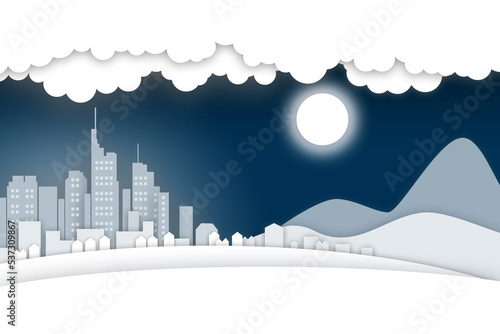 Silhouette der Skyline von Frankfurt als Scherenschnitt bei Nacht und im Winter in Blau und Weiß