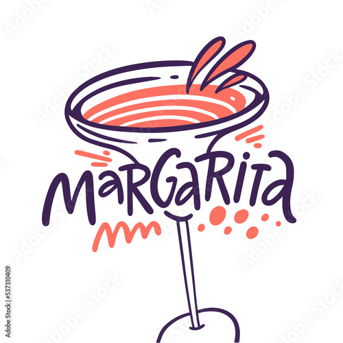 Margarita cocktail lettering phrase and cartoon style vector illustration.