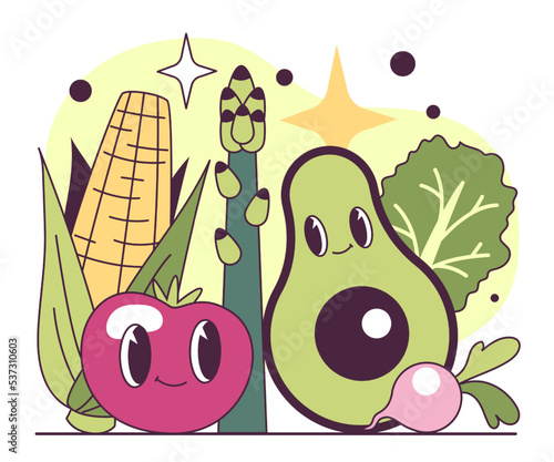 Vegetables. Fresh organic food. Avocado, radish, corn, tomato and asparagus