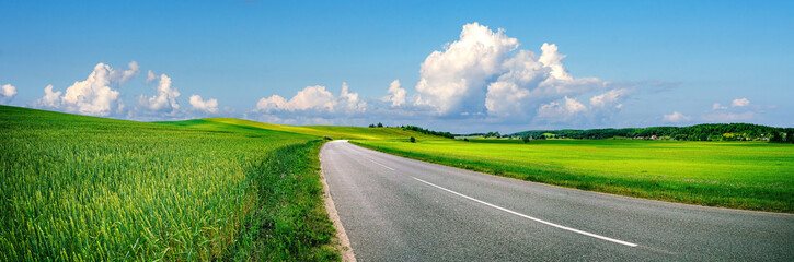 Acrylglasbilder Blau Beautiful idyllic landscape in countryside banner format with a wide field of cereals and a pasture divided by a deserted asphalt road against a blue summer sky.  © Laura Pashkevich