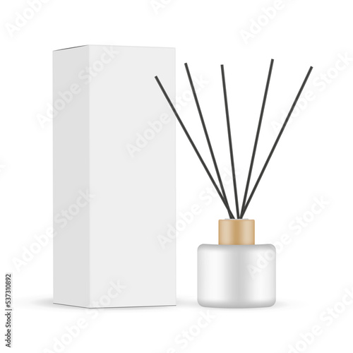 Reed Diffuser Bottle With Black Aroma Sticks, Paper Box, Side View, Isolated on White Background. Vector Illustration