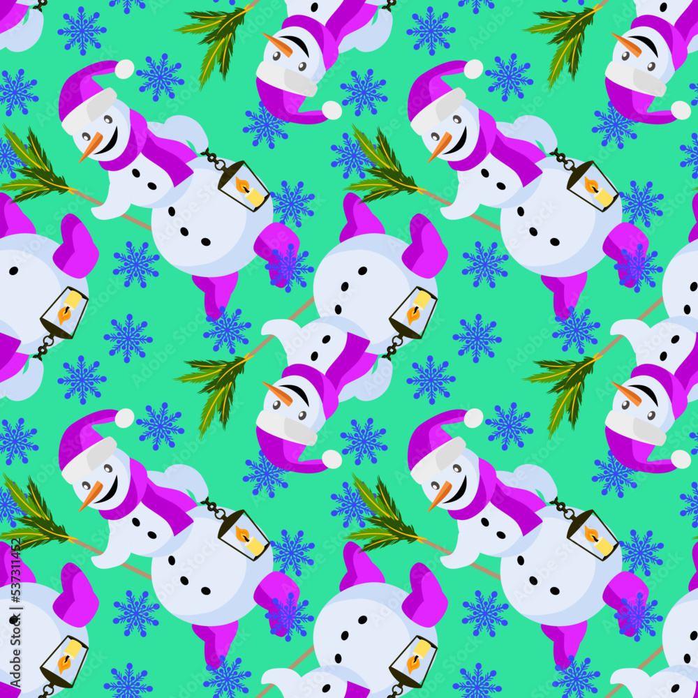 Fototapeta premium Vector - snowman with lantern seamless pattern.