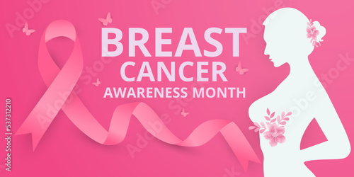 Breast cancer awareness month. paper cut style with flowers and Realistic pink ribbon.