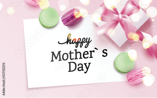 Happy mother`s day card with colorful macarons and gift box on pink background. Top view. Vector illustration