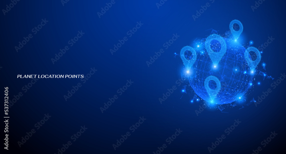 Abstract low poly pins icon point on futuristic sphere element. Technology wireframe blue planet on cyber space background. Abstract low poly pins icon point on futuristic sphere element. Technology wireframe blue planet on cyber space background.