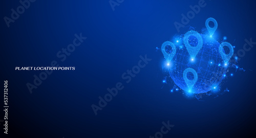 Abstract low poly pins icon point on futuristic sphere element. Technology wireframe blue planet on cyber space background.