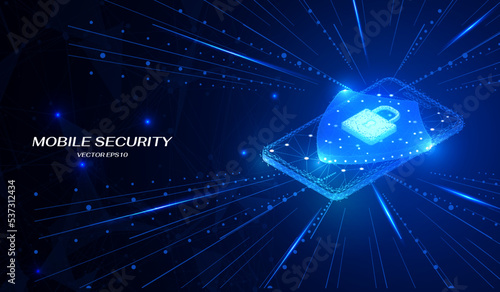 Mobile security low poly design concept. Blue cyber smart phone protection. 3D isometric template vector.