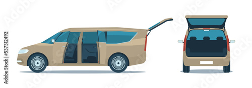 Mini van with open doors and trunk. Set of side and back view.. Vector illustration. photo