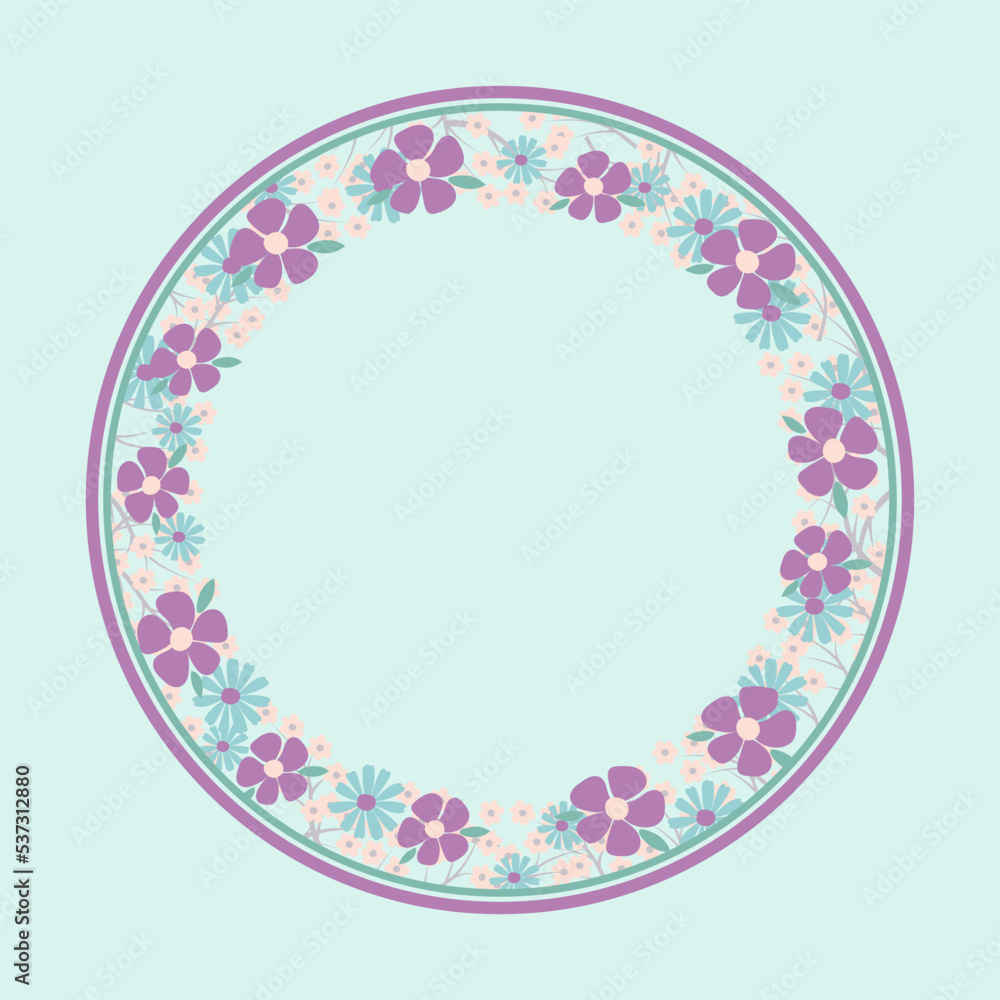 Round frame with wild flowers in pastel colors. Summer floral background