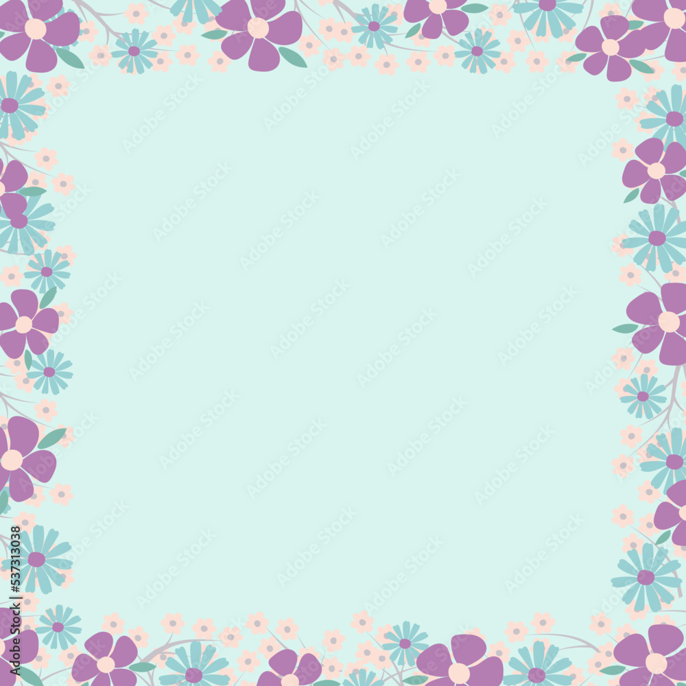 Square frame with wild flowers in pastel colors. Summer floral background