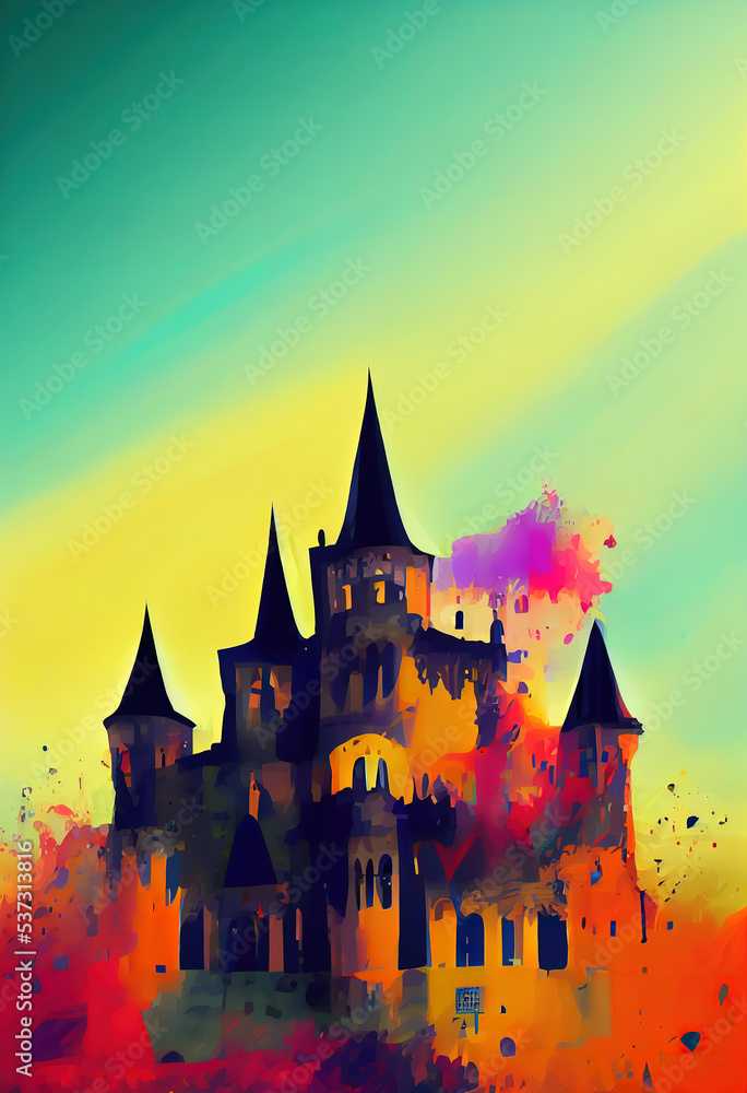Multicolored colorful old castle. An ancient castle against the backdrop of sunset sky. Digital illustration.
