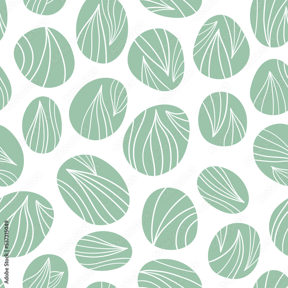Seamless pattern with abstract shapes. Minimalistic pattern with green stones with flowers lines. For textiles, wrapping paper, gift paper
