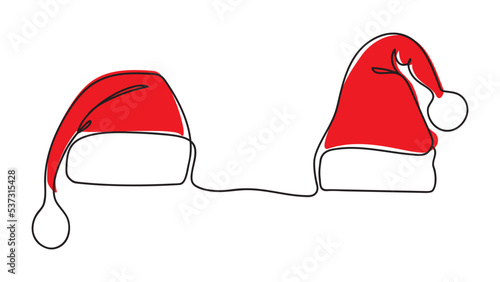 Christmas, Santa Claus hat one line drawing, vector illustration