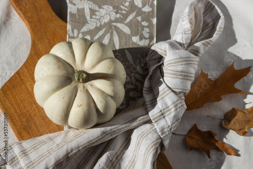 Autumn composition with white pumpkin on the wooden cutting board with patterns napkin and dry oak leaves. Top view. © Kseniia