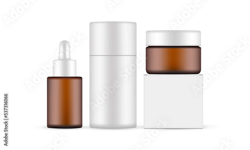 Amber Cosmetic Packaging Mockup. Dropper Bottle With Cardboard Kraft Cylinder Tube, Plastic Jar With Square Box. Vector Illustration