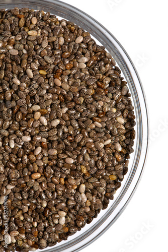 Chia seeds close up. Superfood concept. Isolated on white background.
