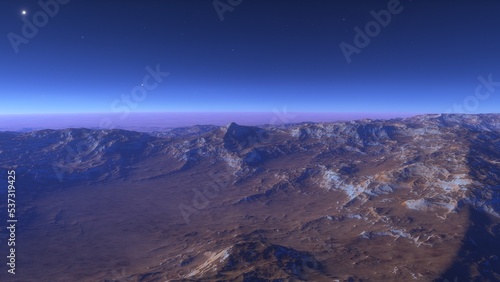 realistic surface of an alien planet  view from the surface of an exo-planet  canyons on an alien planet  stone planet  desert planet 3d render