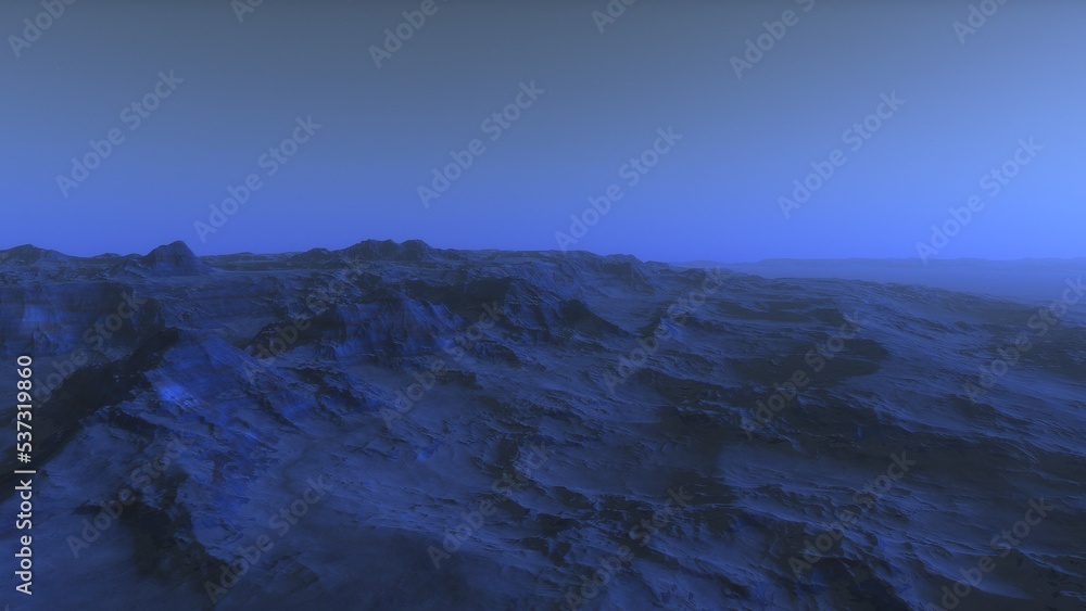 beautiful view from an exoplanet, a view from an alien planet, a computer-generated surface, a fantastic view of an unknown world, a fantasy world 3D render