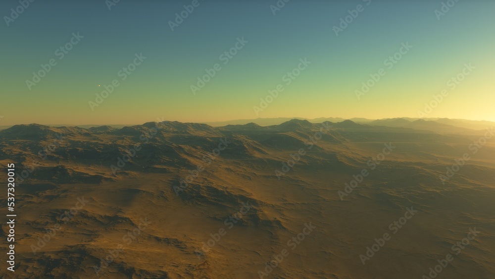 beautiful view from an exoplanet, a view from an alien planet, a computer-generated surface, a fantastic view of an unknown world, a fantasy world 3D render