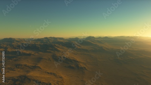 beautiful view from an exoplanet, a view from an alien planet, a computer-generated surface, a fantastic view of an unknown world, a fantasy world 3D render