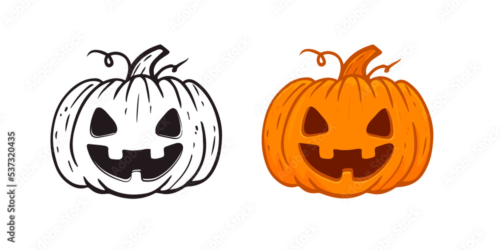 Fototapeta premium cartoon halloween happy pumpkin isolated on white, jack o lantern.Doodle.Coloring with example.