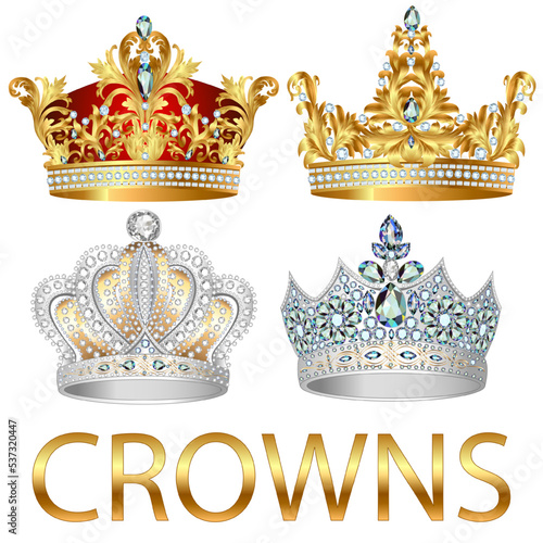 Illustration of a set of gold and silver crowns with precious stones.