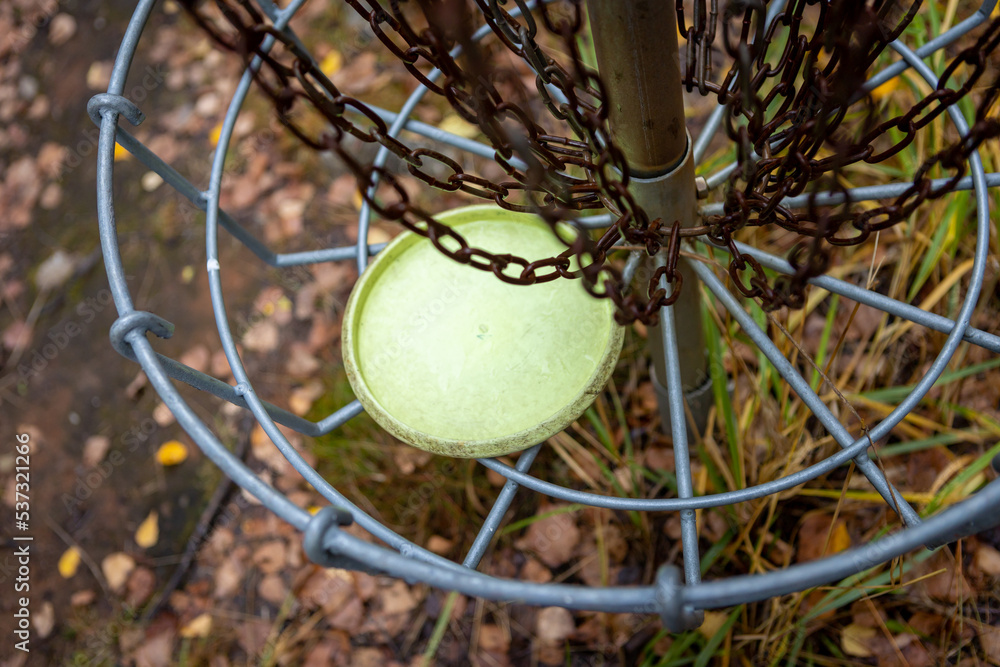 disc laying in a disc golf basket disc laying in a disc golf basket