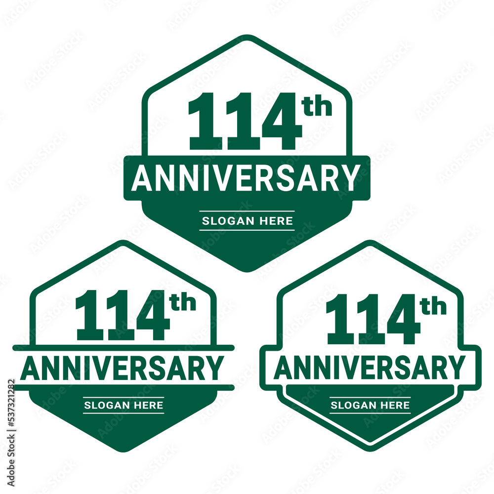 Set of 114 years Anniversary logotype design. 114th birthday celebration logo collection. Set of anniversary design template. Vector illustration. 