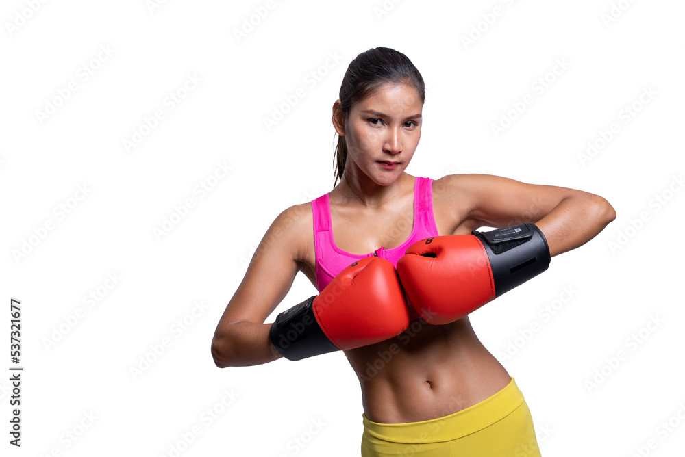 shot of smiling young sporty Asian woman fitness model in pink sportswear with red boxing mitts. isolated on white background. Fitness and healthy lifestyle concept. shot of smiling young sporty Asian woman fitness model in pink sportswear with red boxing mitts. isolated on white background. Fitness and healthy lifestyle concept.