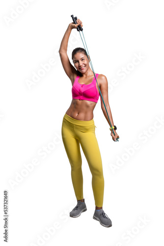 Full body length shot of smiling young sporty Asian woman fitness model in pink sportswear standing with a skipping rope. isolated on white background. Fitness and healthy lifestyle concept.