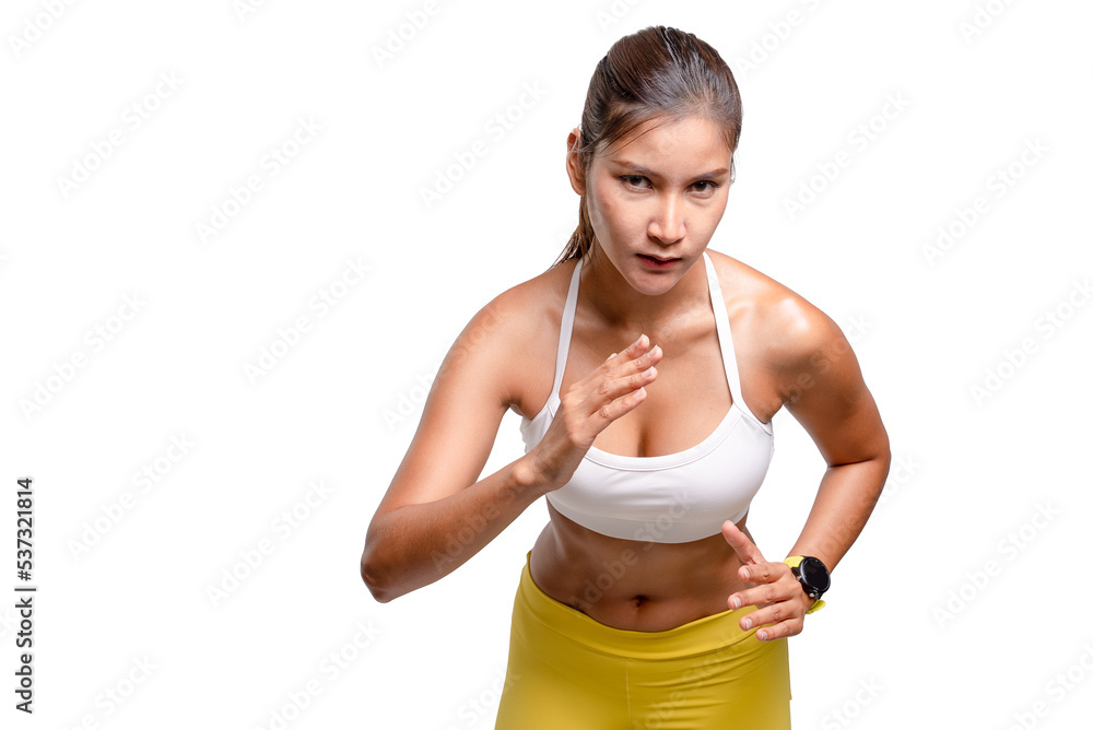 shot of young sporty Asian woman fitness model in white-top sportswear running. isolated on white background. Fitness and healthy lifestyle concept.