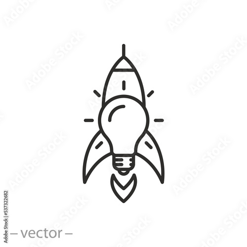 startup idea icon, successful rocket start, entrepreneurship project, thin line symbol on white background - editable stroke vector illustration eps10