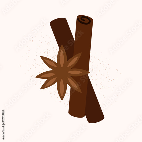 Cinnamon stick and brown anise flower isolated vector sticker. Doodle cartoon sketch on white background