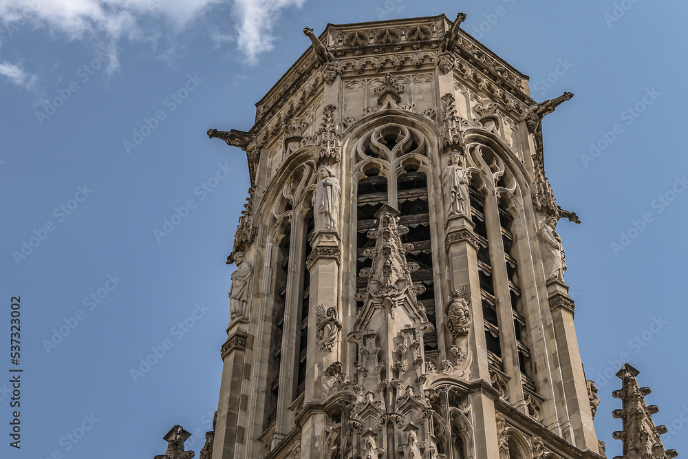 Church Saint-Germain-l'Auxerrois, Place du Louvre in Paris. Founded in 7th century, church was rebuilt many times and now has construction in Roman, Gothic and Renaissance styles. Paris, France.