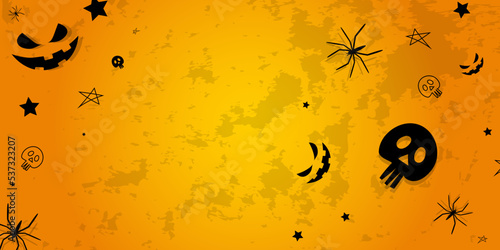Vector. Background with hand drawn Halloween elements: cobweb, spider, skull, stars, anthropomorphic face, on a dirty wall. Halloween party invitation card mockup, copy space for text. Abandoned room.