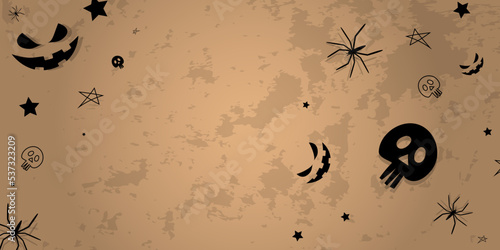 Vector. Background with hand drawn Halloween elements: cobweb, spider, skull, stars, anthropomorphic face, on a dirty wall. Halloween party invitation card mockup, copy space for text. Abandoned room.