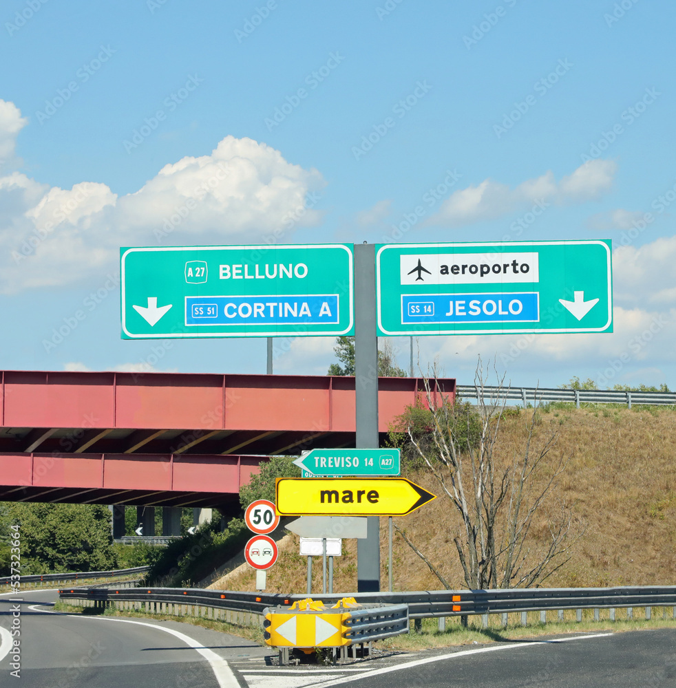 road signs at the crossroads with ITALIAN LOCALITIES written in on the sign