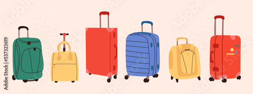 Luggage vector set in doodle style. Isolated plastic and fabric travel bags hand drawn illustration for tourism